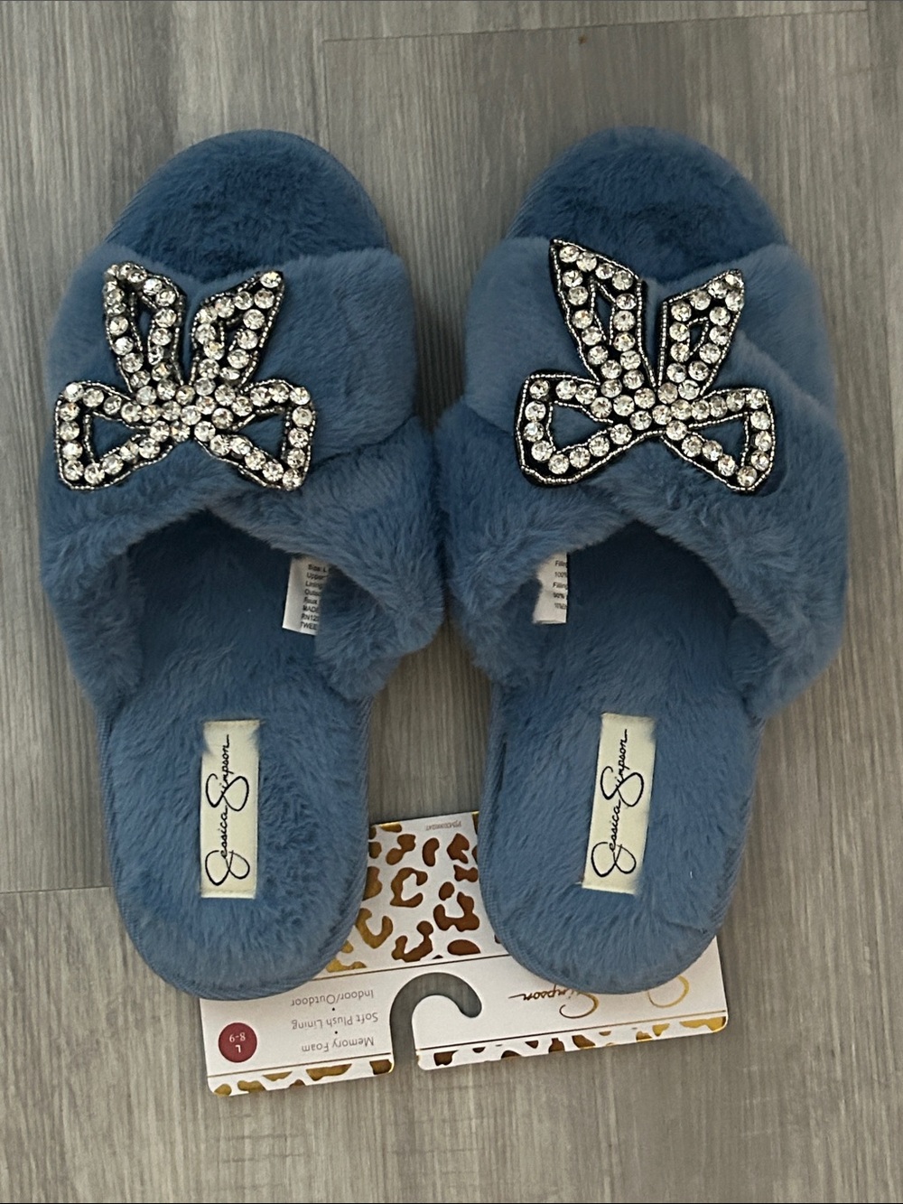 Jessica Simpson Dusty Blue Faux Fur Crystal Bow Slide Slipper W/Heel Insignia